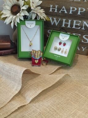 Kate Spade French Fries Necklace & Earrings Set with Bag charm and Sunglass Case